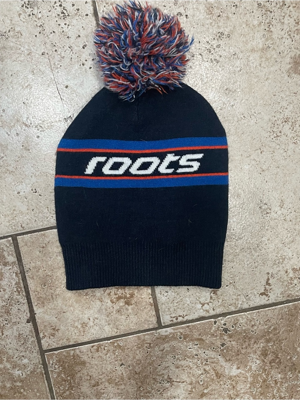 Roots Kids Knit Pom Beanie in Navy with Red & Blue Accents